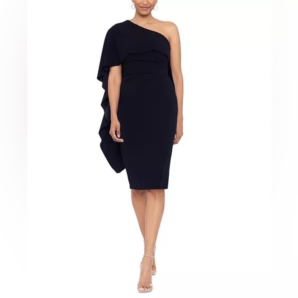 NWT!! Xscape - One-Shoulder Knee Length Draped Cocktail Dress - Black - Size 6